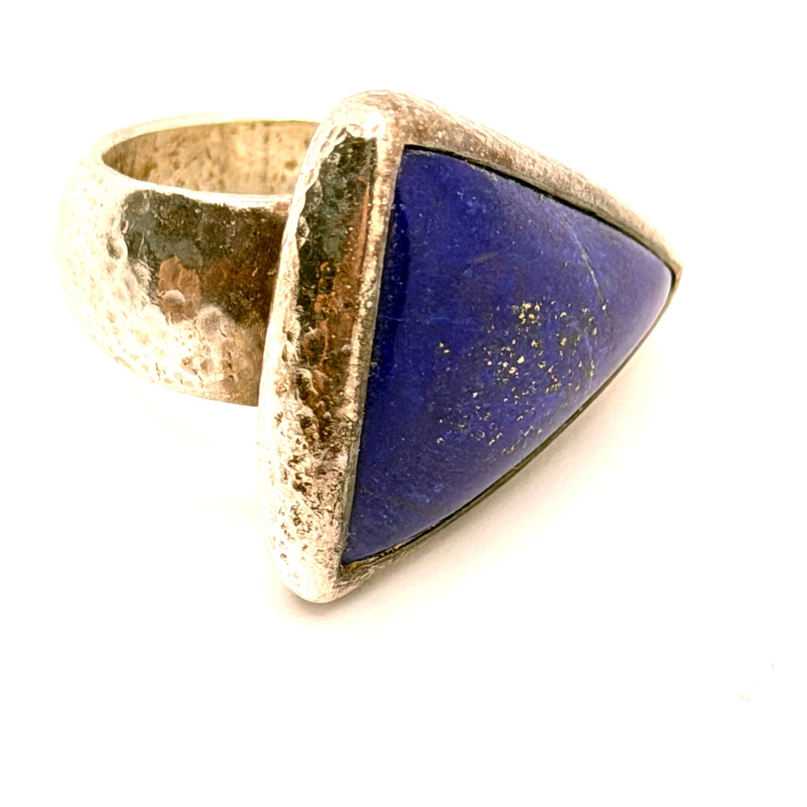 Vintage 90s Blue Lapis Lazuli Sterling Silver Hammered Triangle Ring