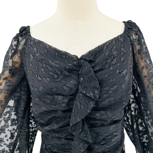 ASTR The Label Black Ruched Burnout Chiffon Cascading Ruffle Mini Dress