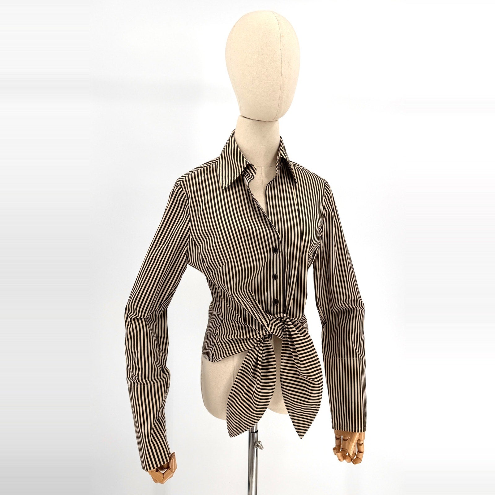 Carlisle Beige Black Striped Tie-Front Blouse