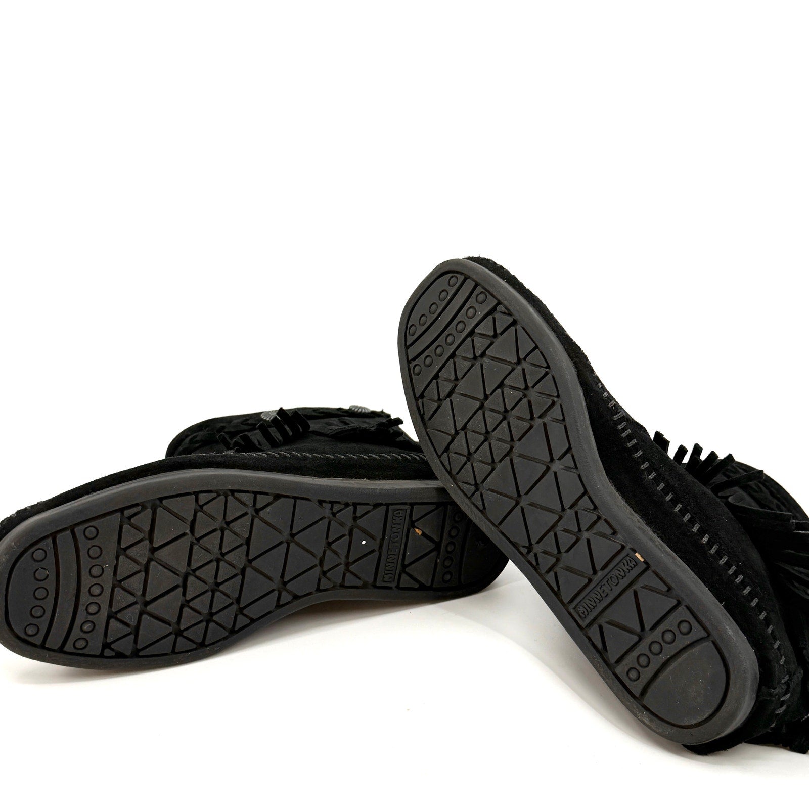 Minnetonka Black Genuine Leather Fringe Back Zip Moccasin Booties