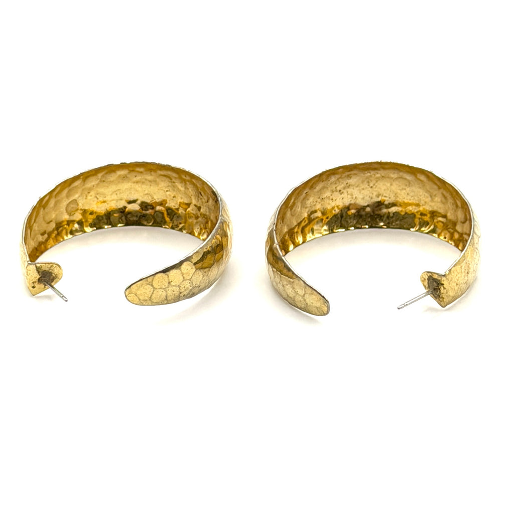 Vintage 90s Gold Tone Geometric Chunky Hammered Textured Open Hoop Earrings