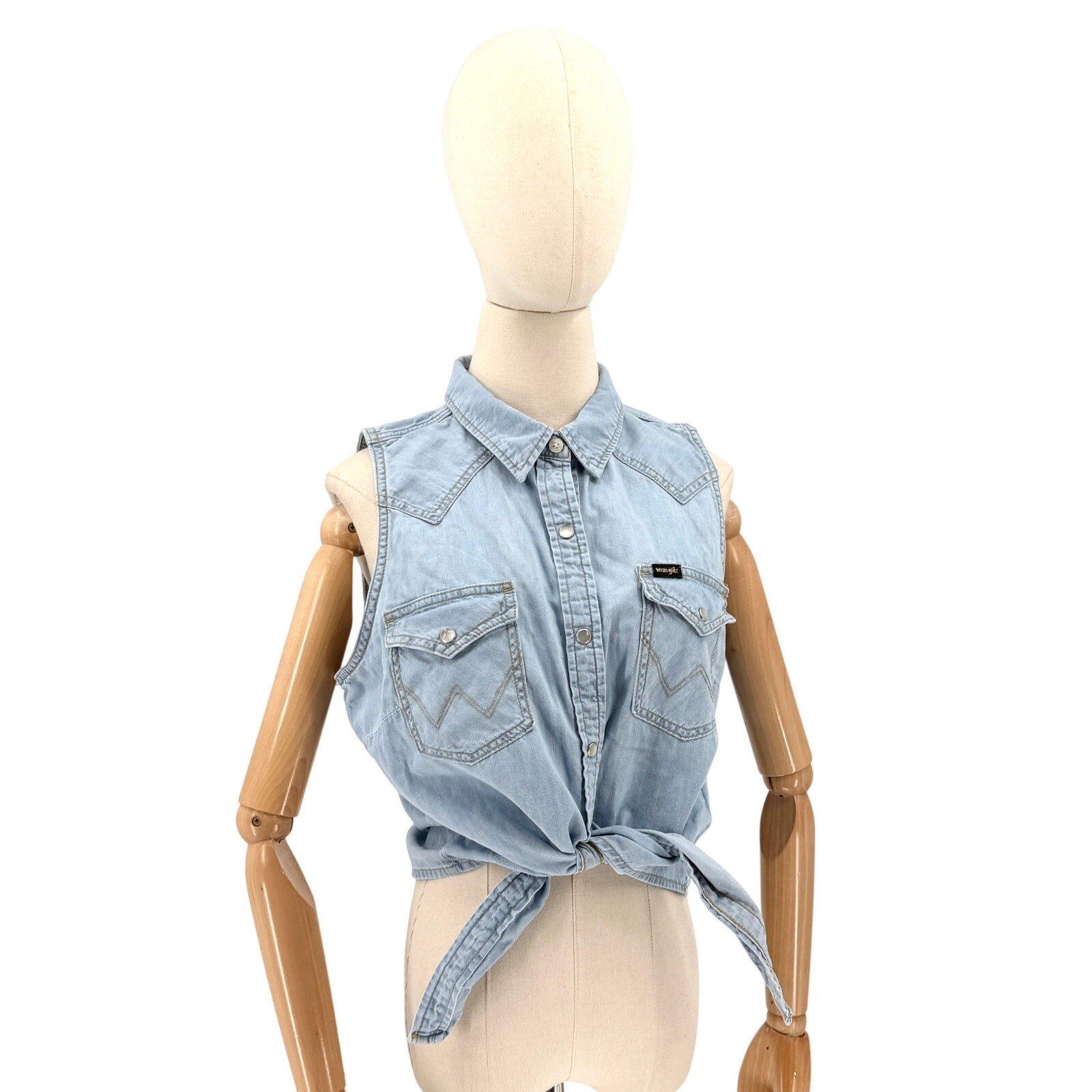 Wrangler Light Blue 100% Cotton Pearl Snap Sleeveless Tie Front Top