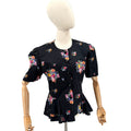 Vintage 80s Lady Carol Black 100% Cotton Floral Peplum Puff Sleeve Jacket