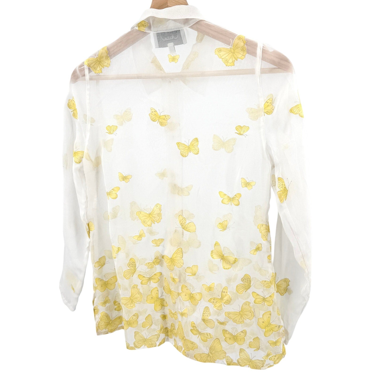 Vintage 90s Rita White Sheer Yellow Butterfly Applique Blouse Top