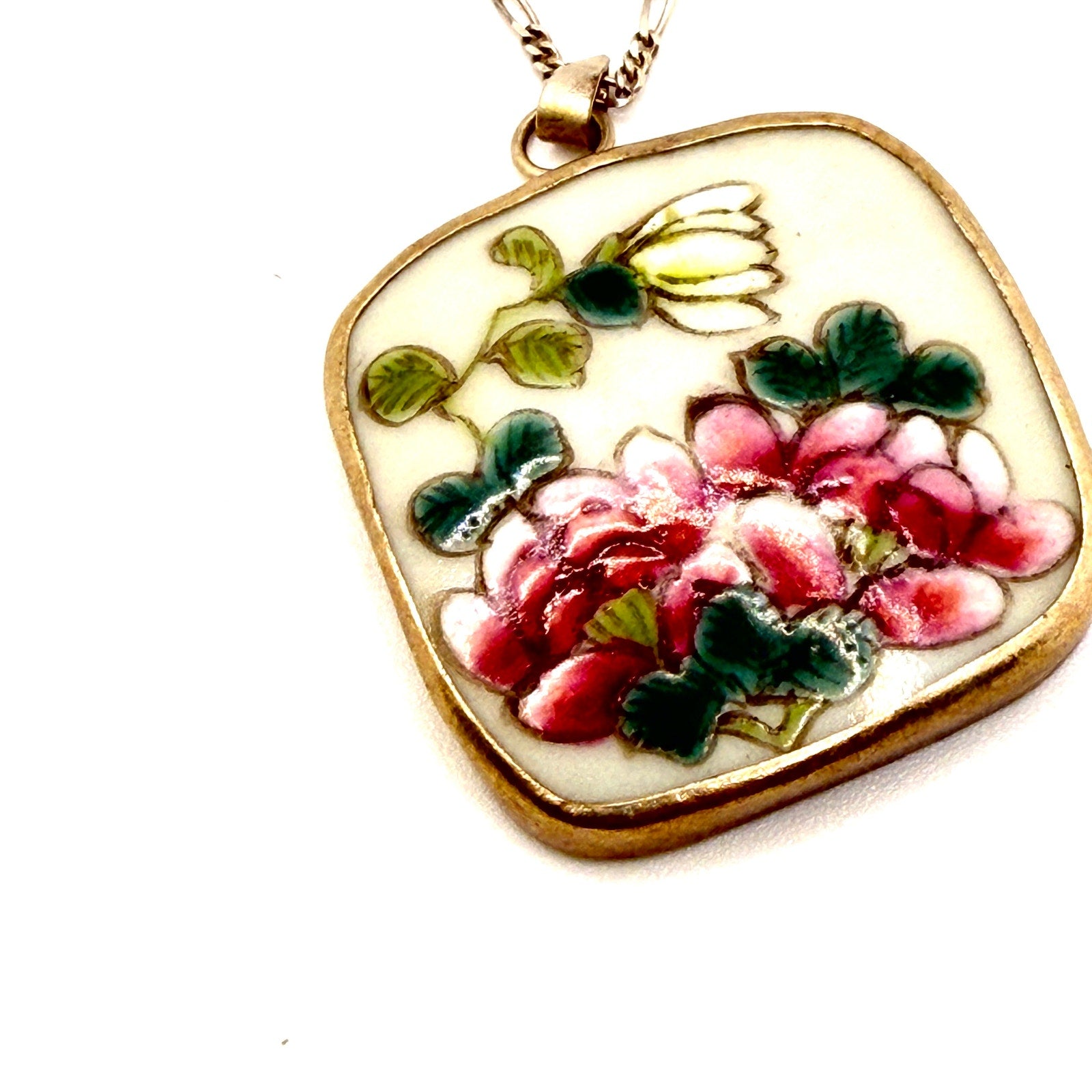 Vintage 90s Pink White Green Sterling Silver Chinoiserie Shard Necklace