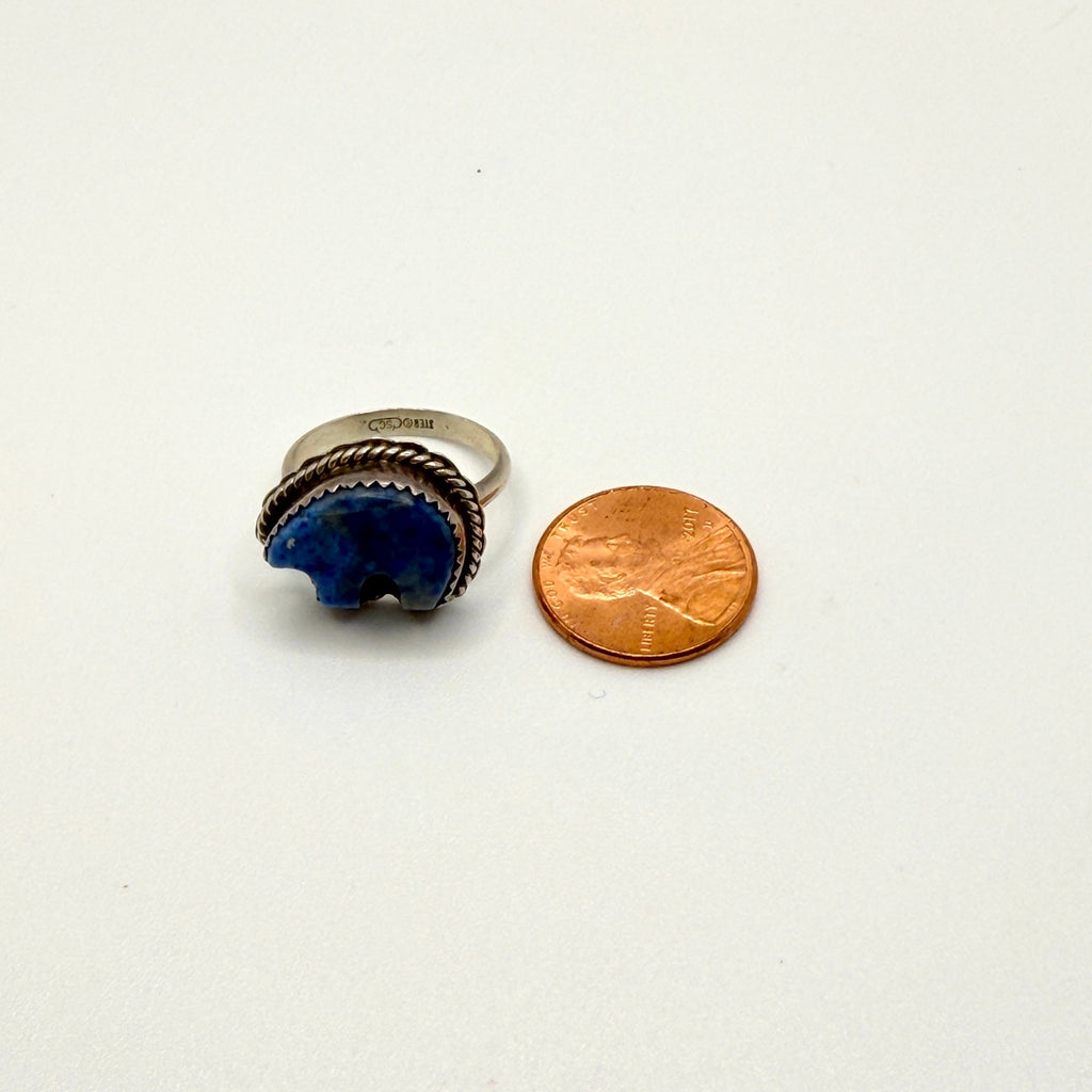 Vintage 80s Signed SC Sodalite Bear Fetish Sterling Silver Southwestern Ring