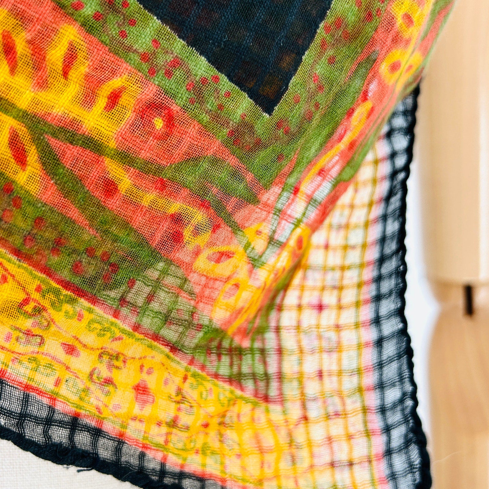 Vintage 70s Black Yellow Floral Handrolled Cotton Scarf