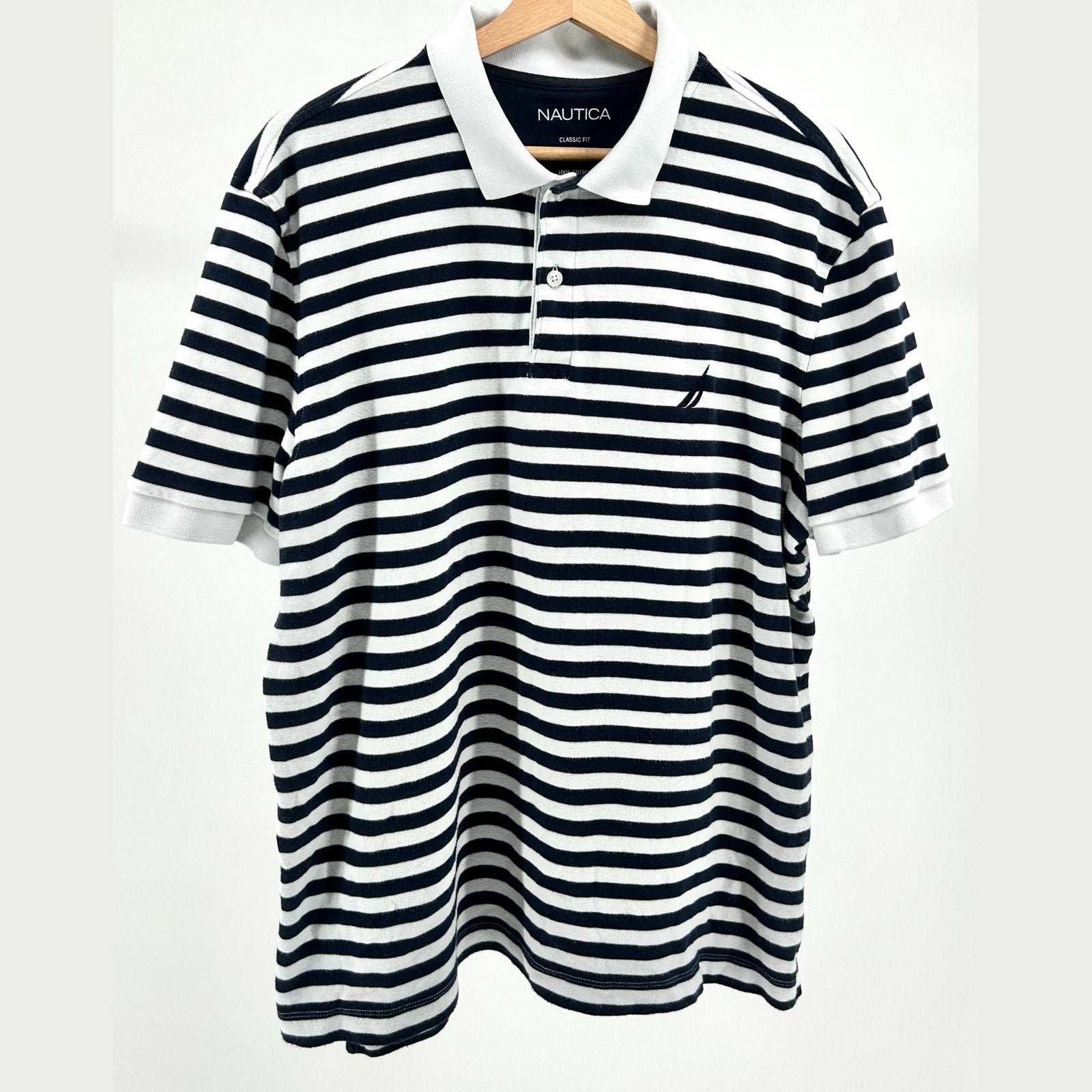 Y2K Nautica Navy White Striped Classic Fit Cotton Polo Shirt