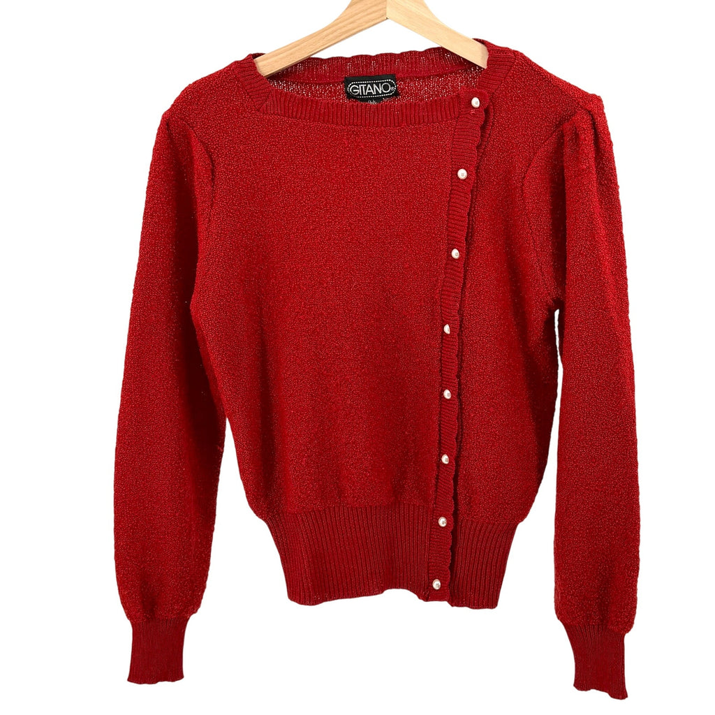 Vintage 80s Gitano Red Romantic Puff Sleeve Asymmetric Cardigan Blouse