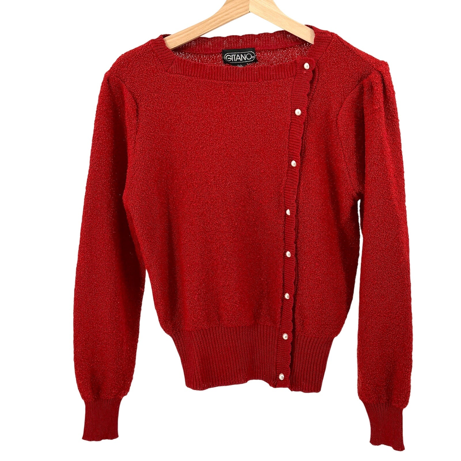 Vintage 80s Gitano Red Romantic Puff Sleeve Asymmetric Cardigan Blouse