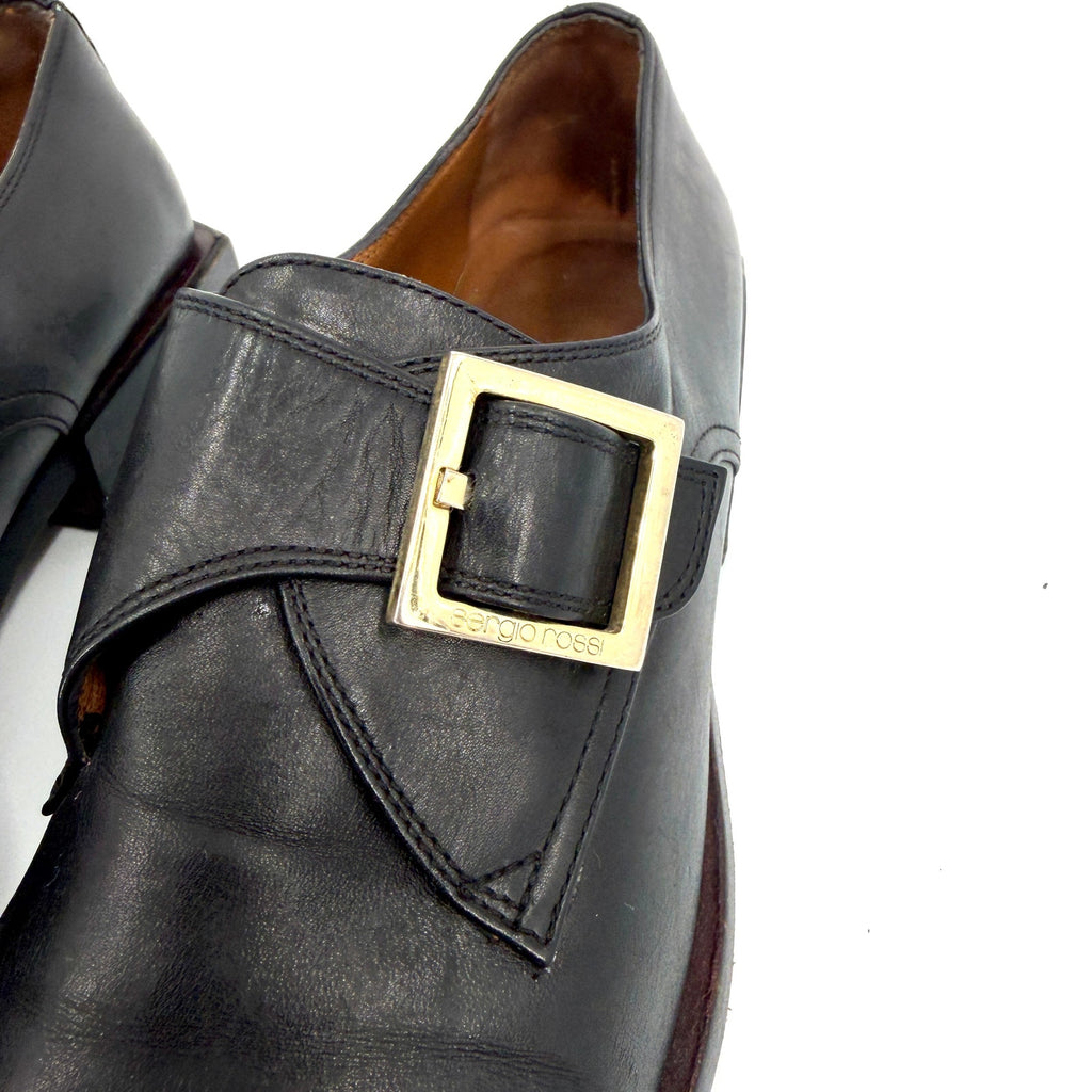 Vintage 90s Sergio Rossi Black Genuine Leather Square Toe Buckle Shoes