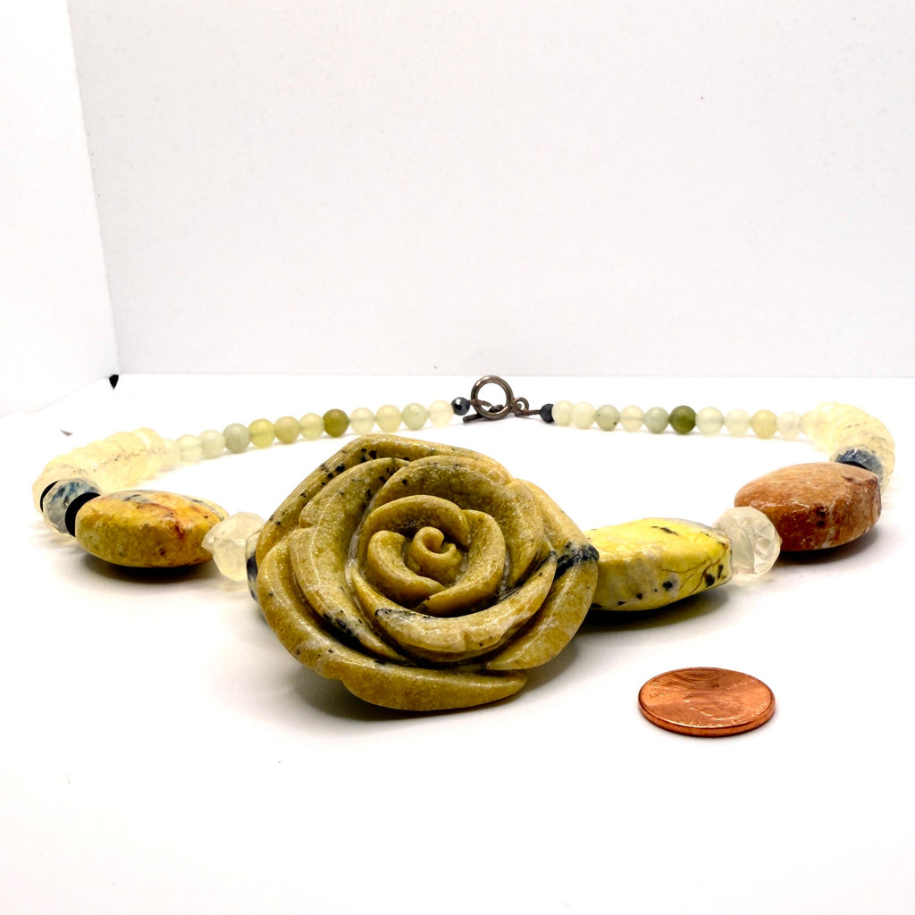 Vintage 90s Yellow Carved Stone Rose Jasper Beaded Boho Chunky Toggle Necklace