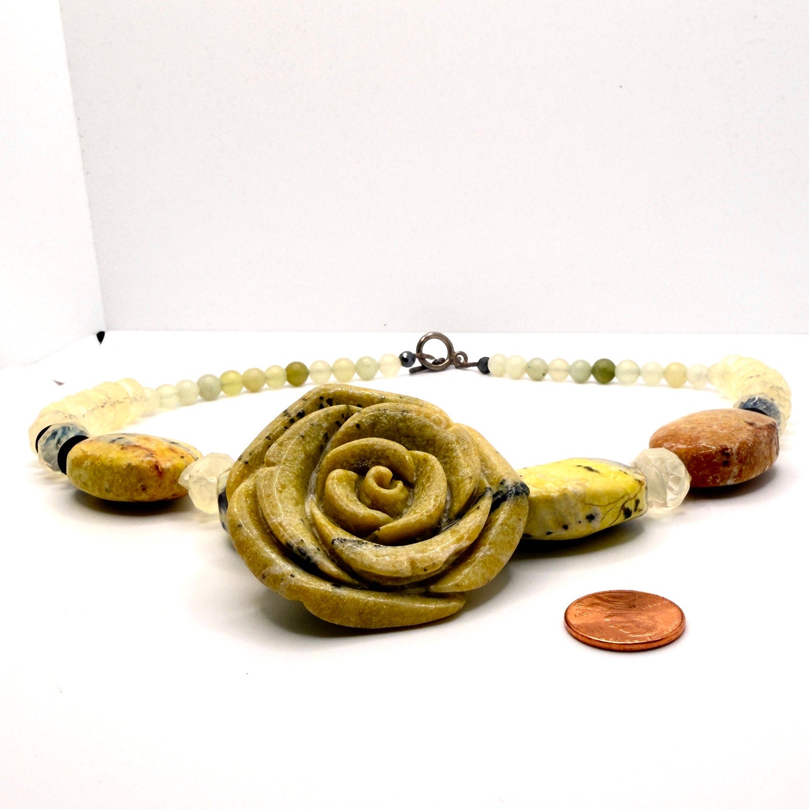 Vintage 90s Yellow Carved Stone Rose Jasper Beaded Boho Chunky Toggle Necklace