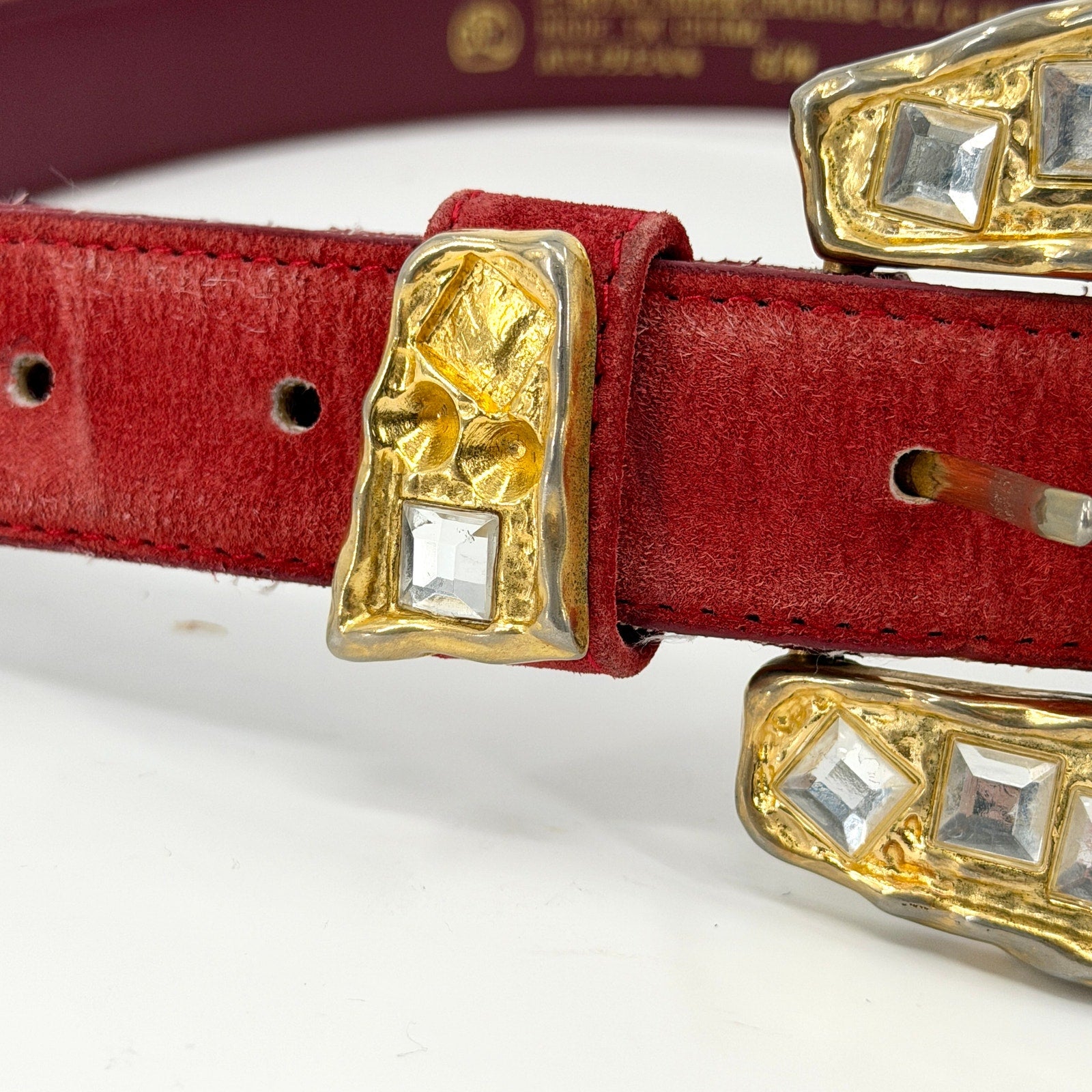 Vintage 90s Red Genuine Suede Rhinestone Buckle Statement Belt