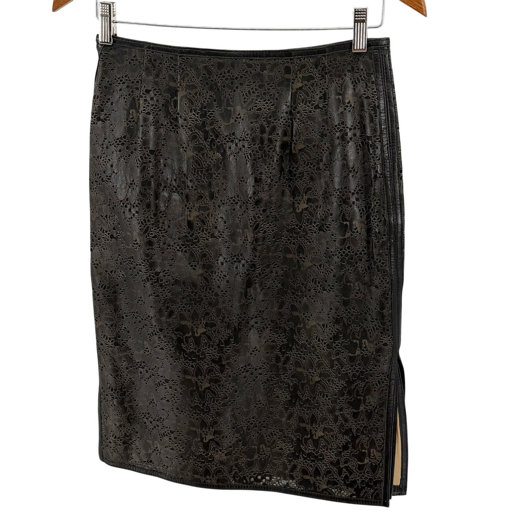 Vintage 90s Anne Klein Black Genuine Leather Floral Laser Cut Pencil Skirt