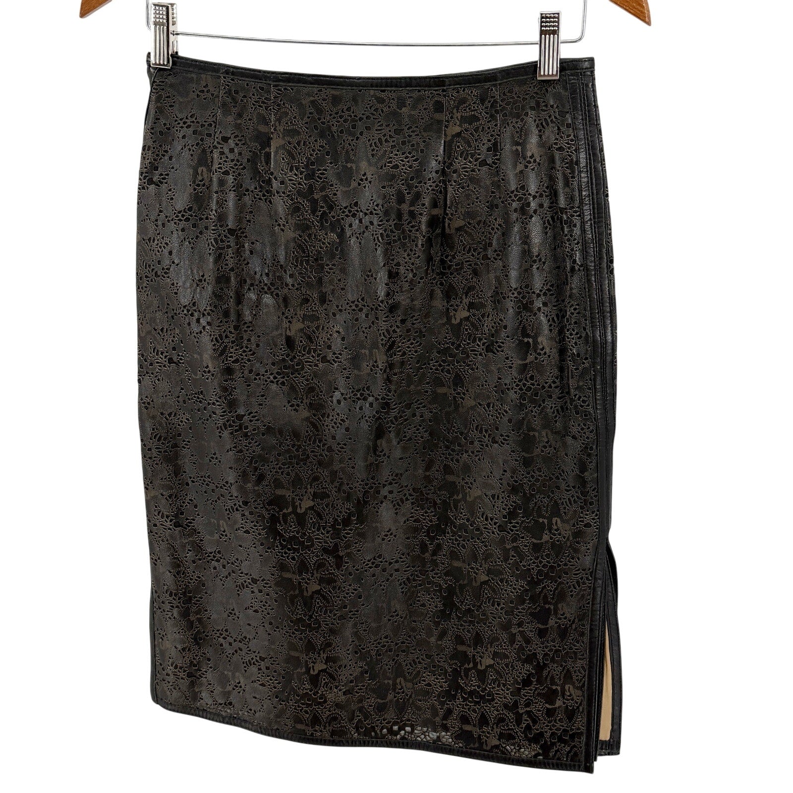 Vintage 90s Anne Klein Black Genuine Leather Floral Laser Cut Pencil Skirt