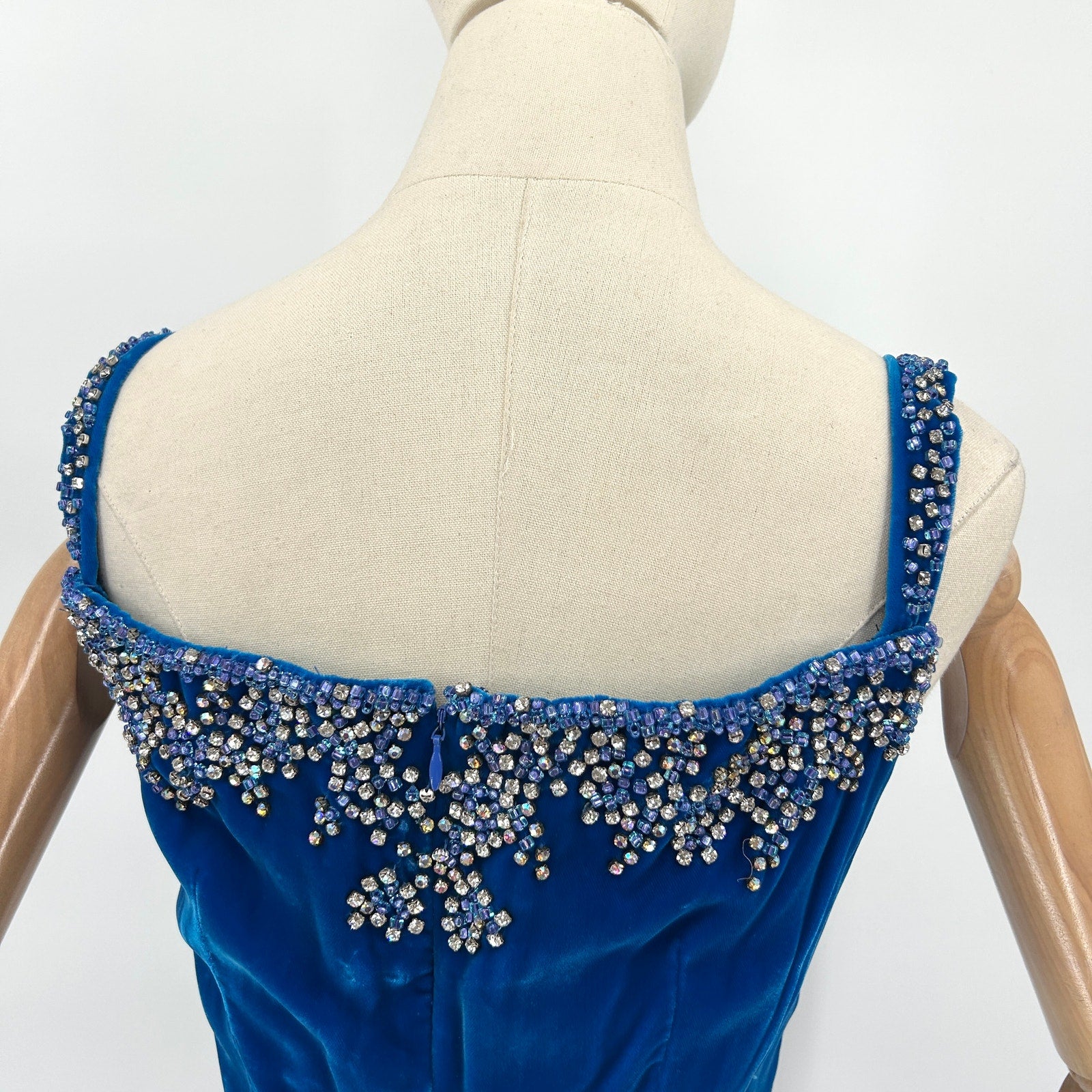 Vintage 50s Jovani Blue Velvet Rhinestone Beaded Evening Gown Dress
