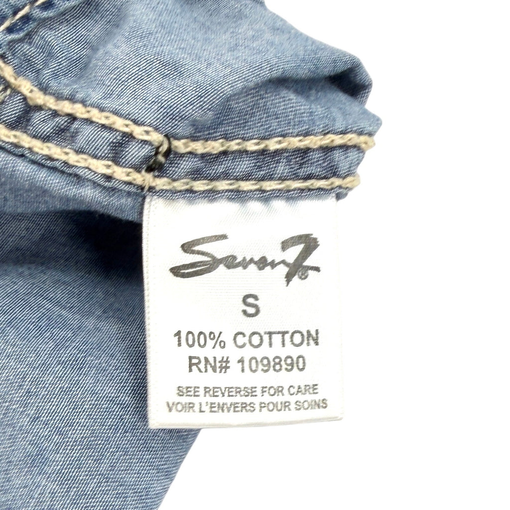 Seven For All Mankind Blue 100% Cotton Western Snap Roll Tab Chambray Shirt