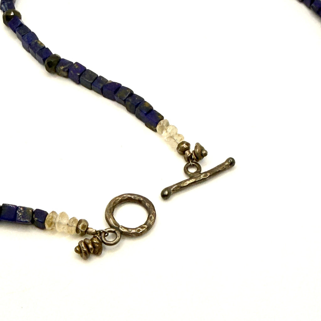 Vintage 90s Sterling Silver Lapis Lazuli Cube Beaded Statement Necklace