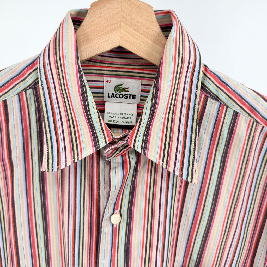 Lacoste Red Pink Striped Multi Color 100% Cotton Button Down Dress Shirt