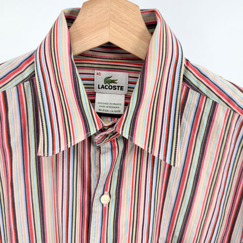 Lacoste Red Pink Striped Multi Color 100% Cotton Button Down Dress Shirt