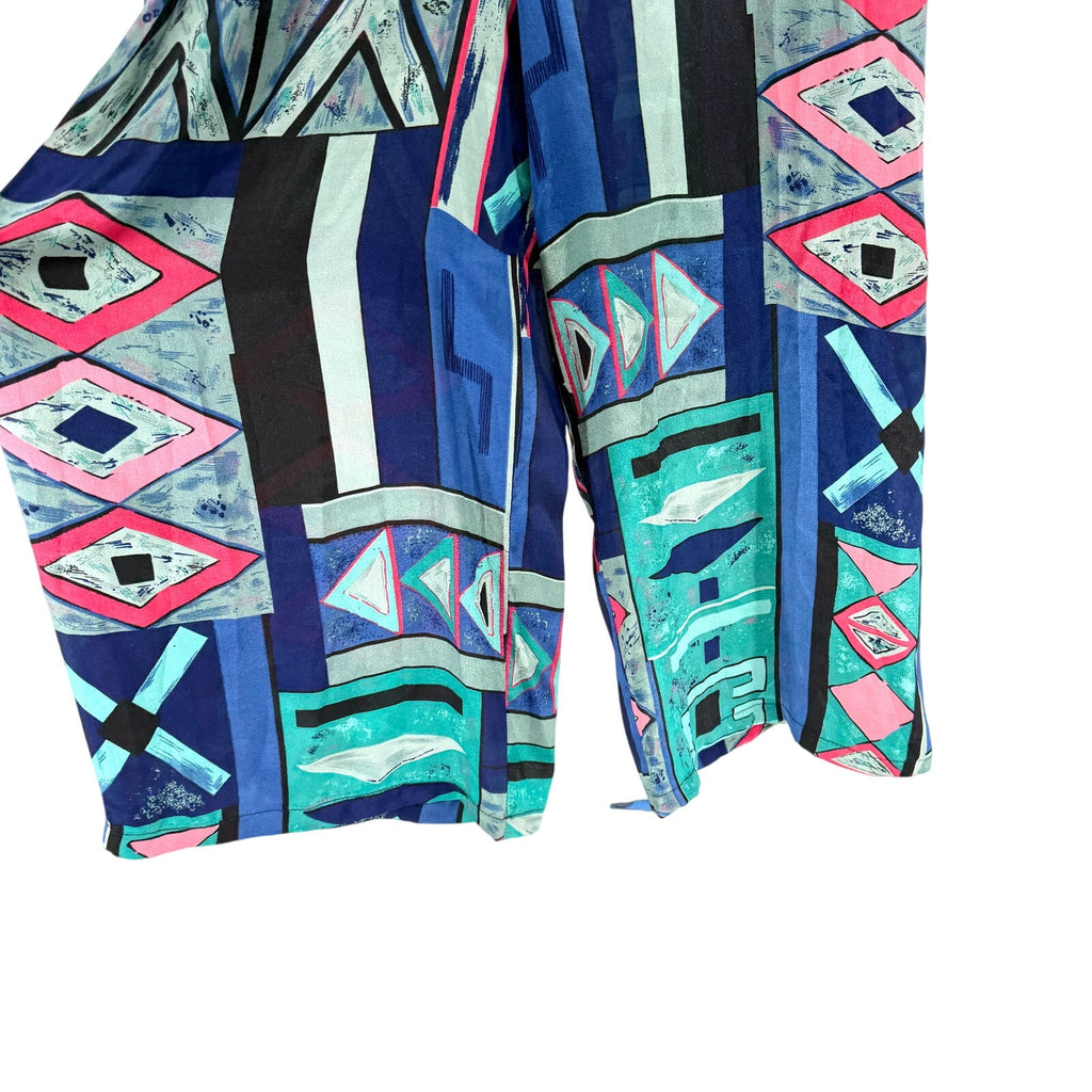 Vintage 90s Teal Pink Geometric Print Wide Leg Satin Jumpsuit