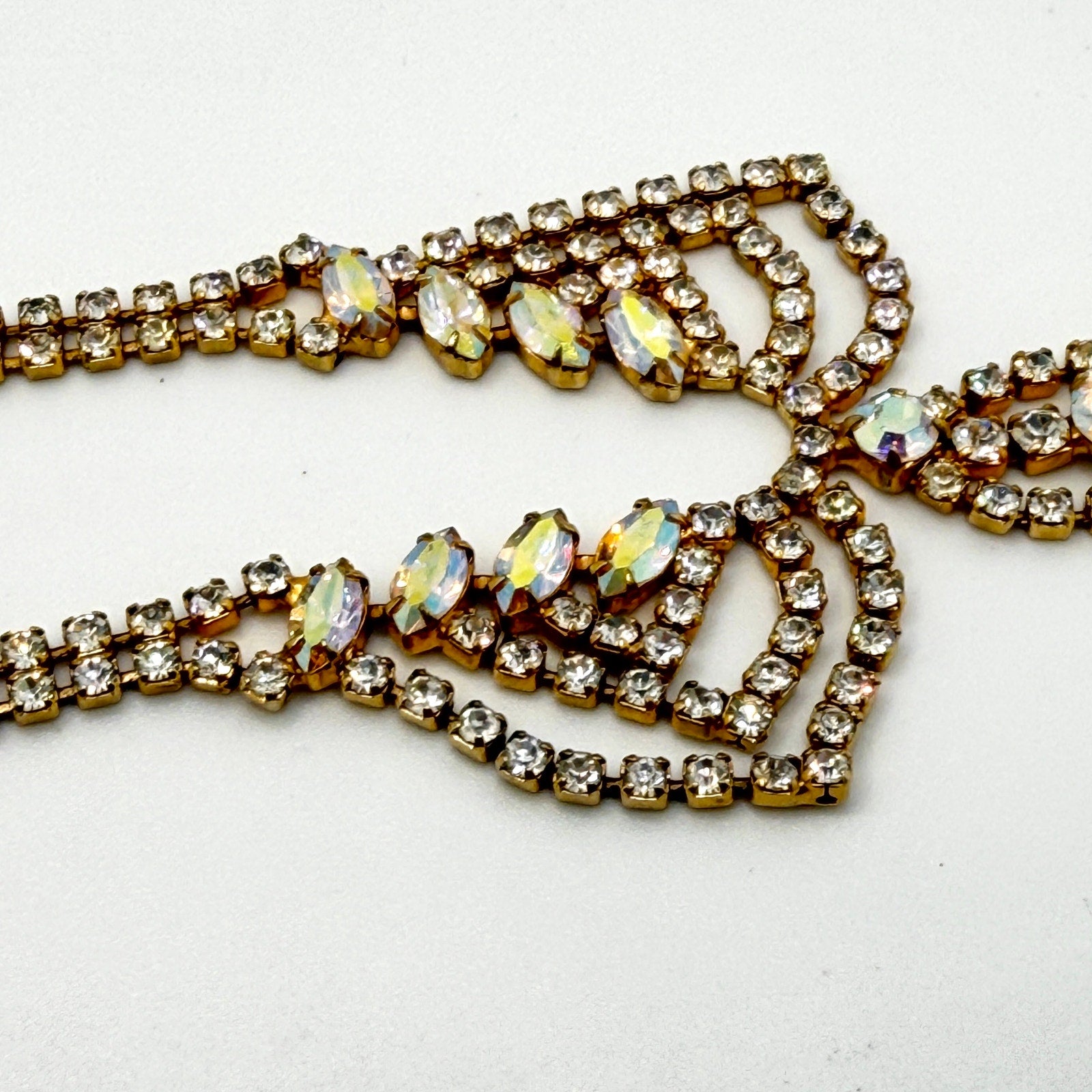Vintage 50s Aurora Borealis Rhinestone Gold Tone Bib Necklace Earring Set