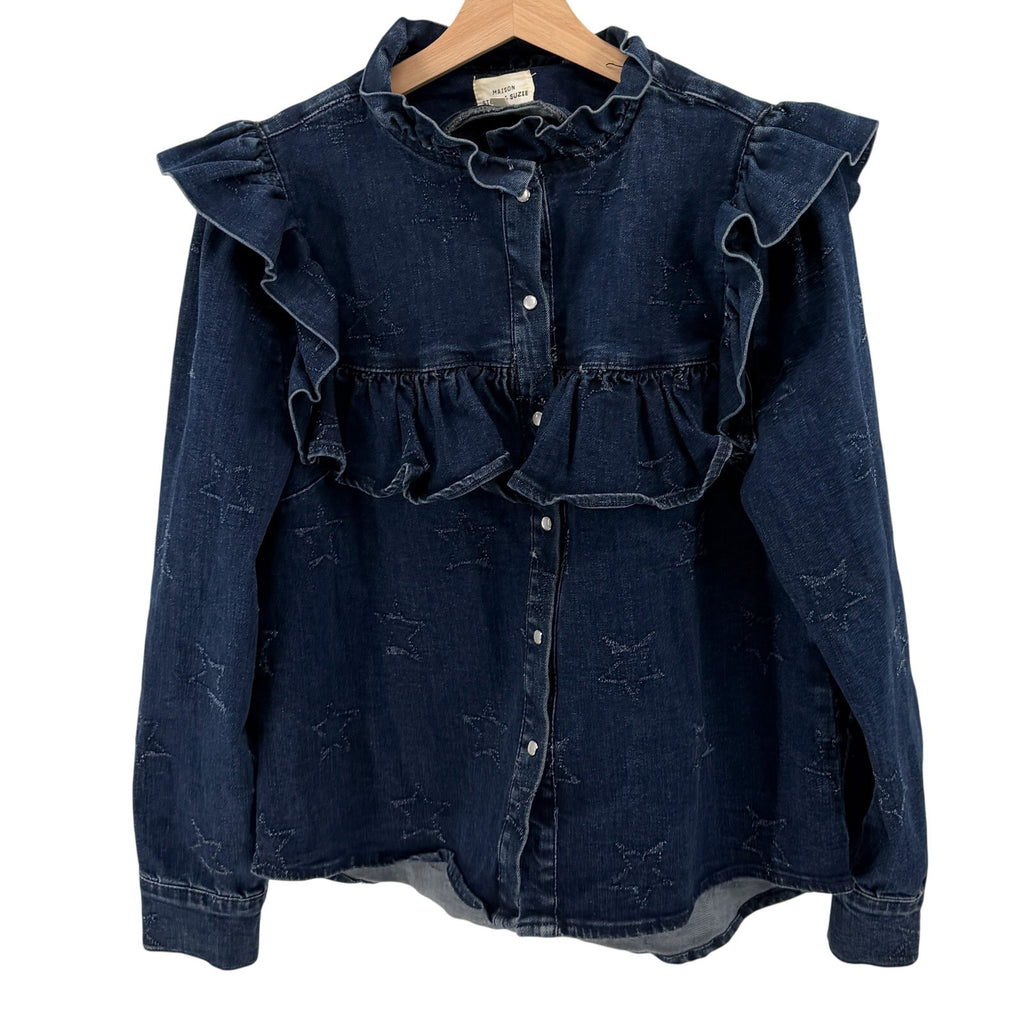 Maison Stella & Suzie Blue Carmen Western Star Ruffle Pearl Snap Blouse Top
