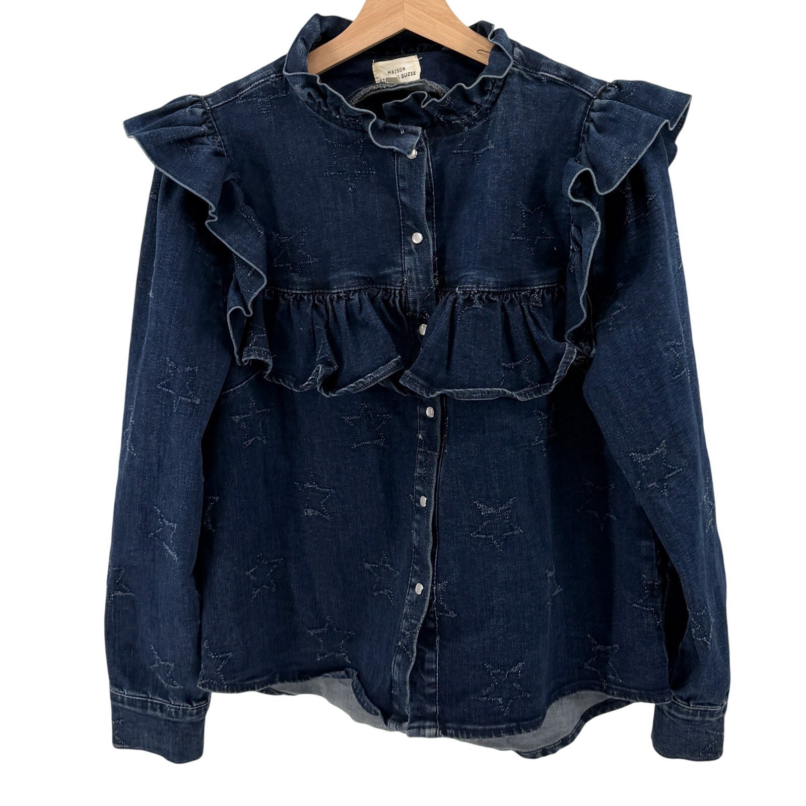 Maison Stella & Suzie Blue Carmen Western Star Ruffle Pearl Snap Blouse Top