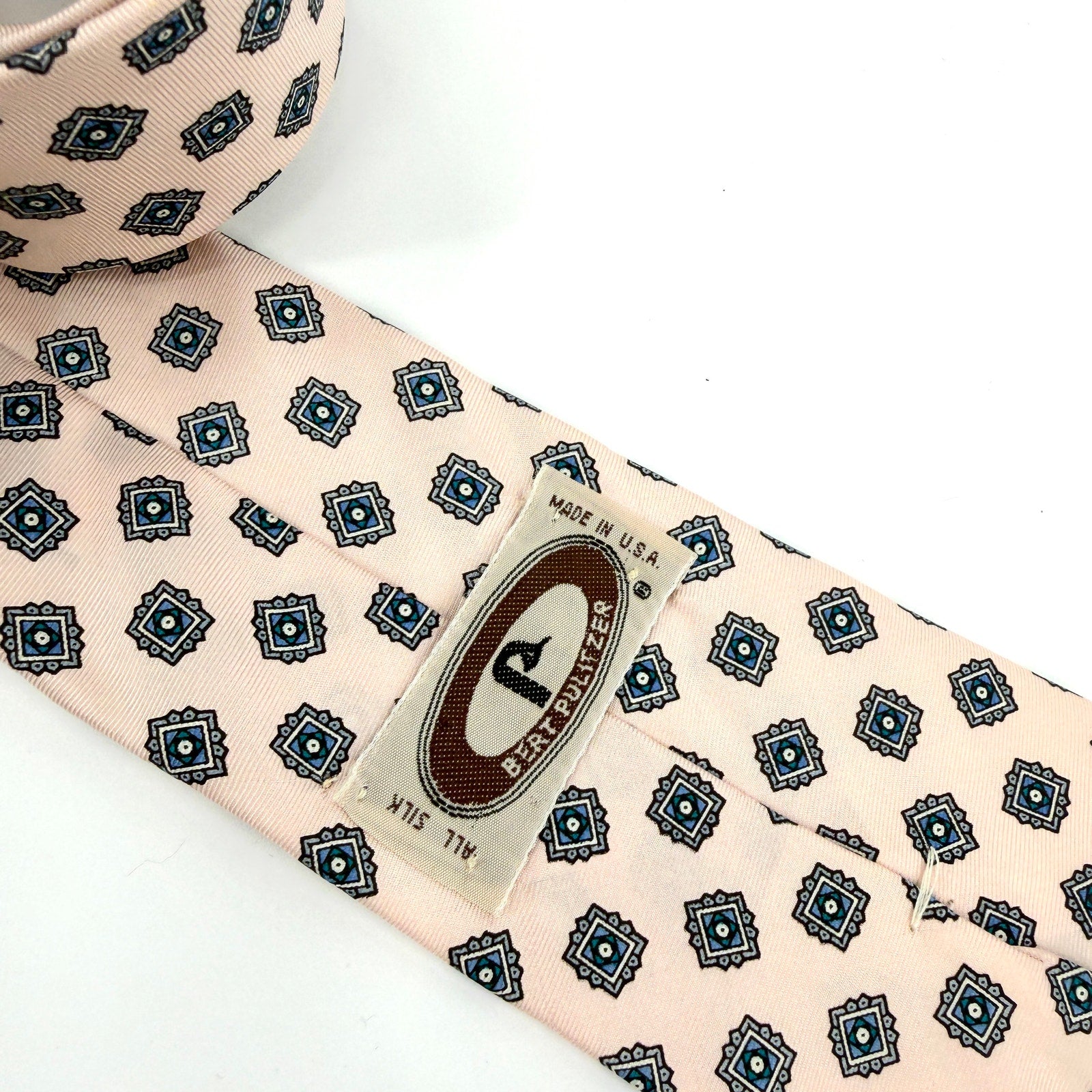 Vintage 80s Bert Pulitzer Pink Blue 100% Silk Geometric Medallion Necktie
