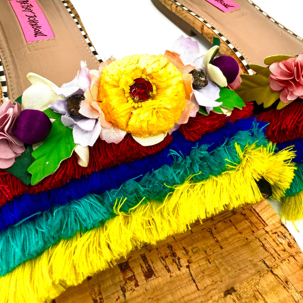 Betsey Johnson Multicolor Tropical Floral Fringe Slide Sandals