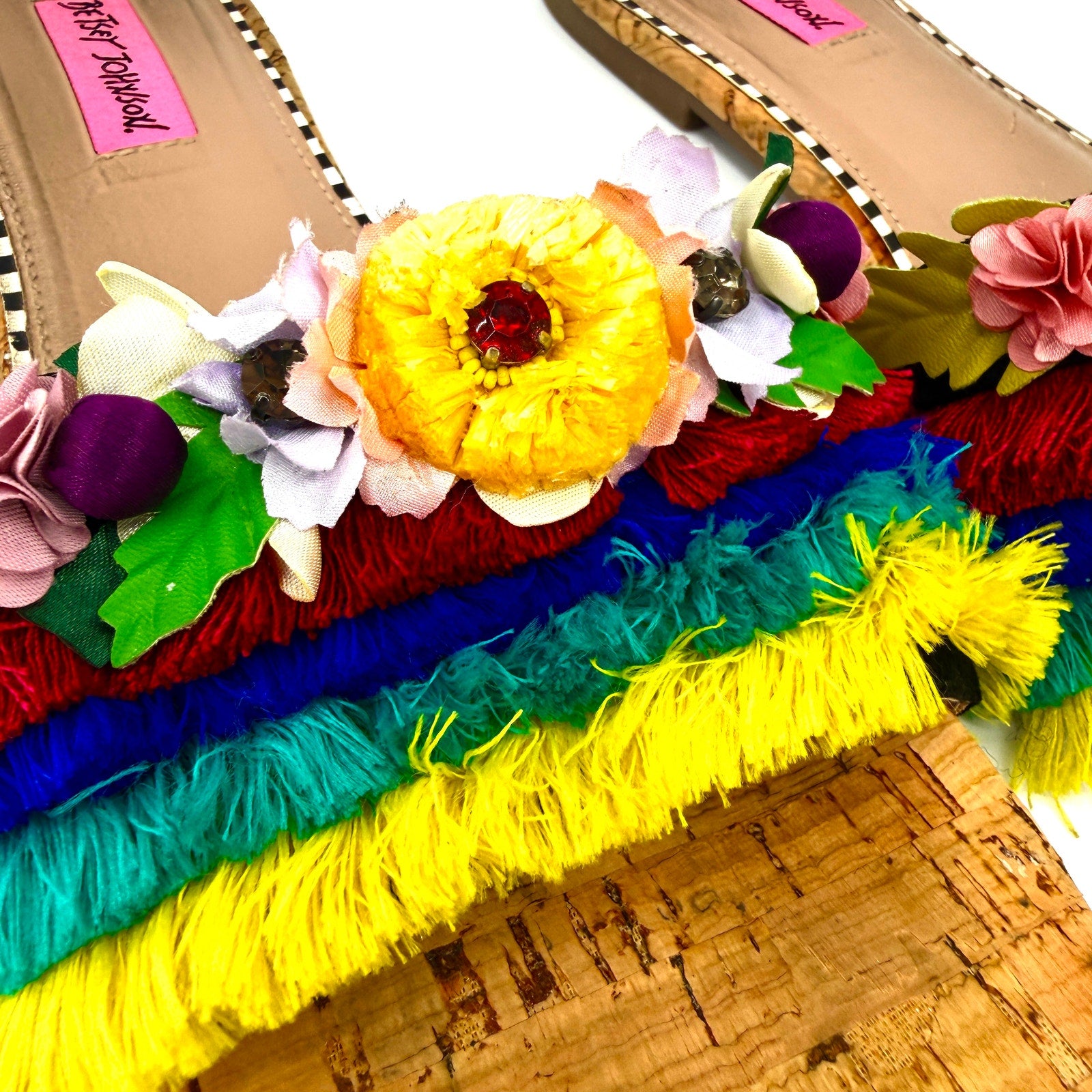 Betsey Johnson Multicolor Tropical Floral Fringe Slide Sandals