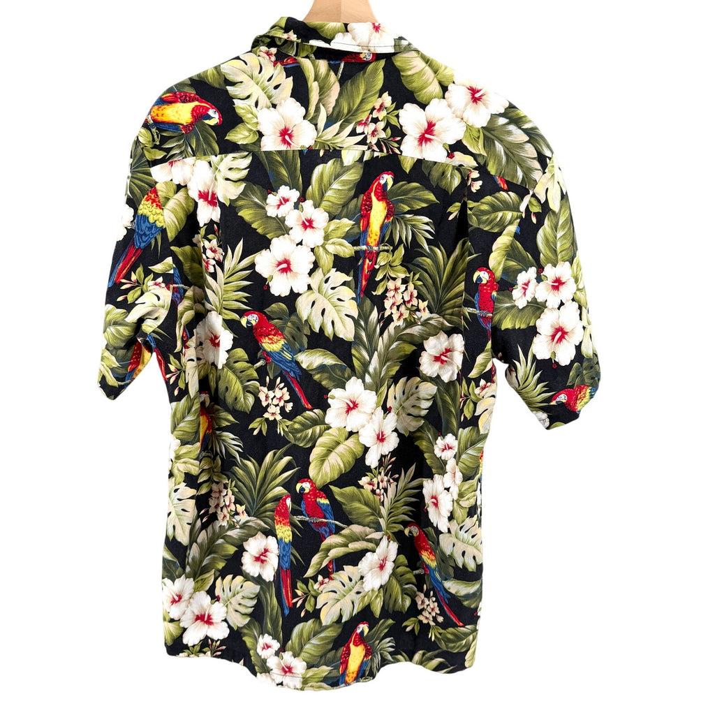 Vintage 80s Made in Hawaii Black 100% Cotton Parrot Hibiscus Hawaiian Shirt