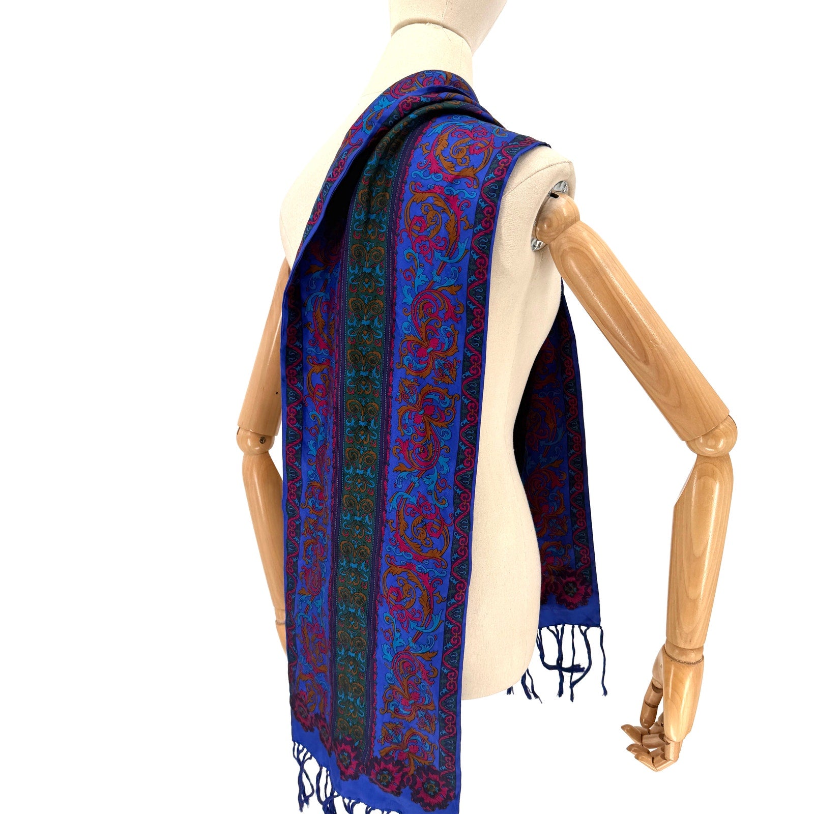 Vintage 80s Ginnie Johansen Royal Blue 100% Silk Baroque Paisley Fringe Scarf