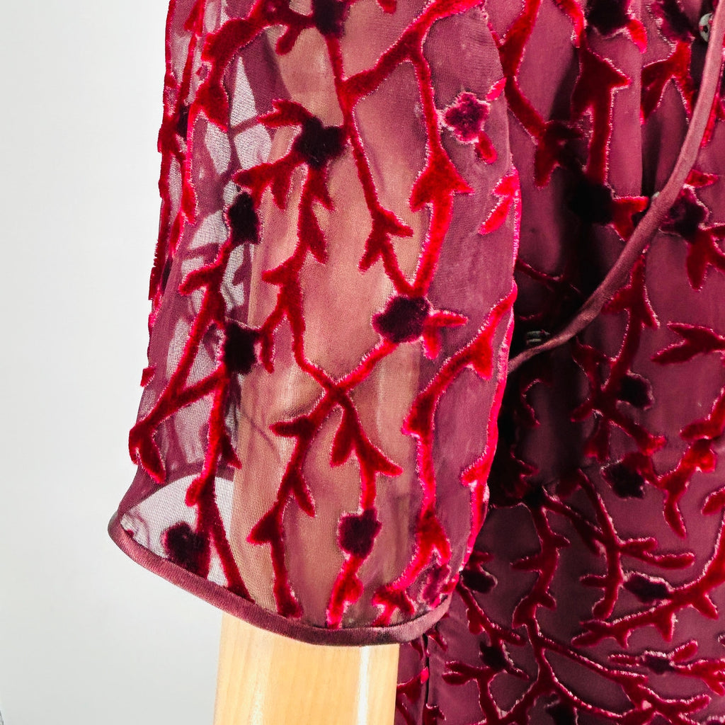 Vintage 90s Chinese Velvet Burnout Burgundy Maxi Cheongsam Dress
