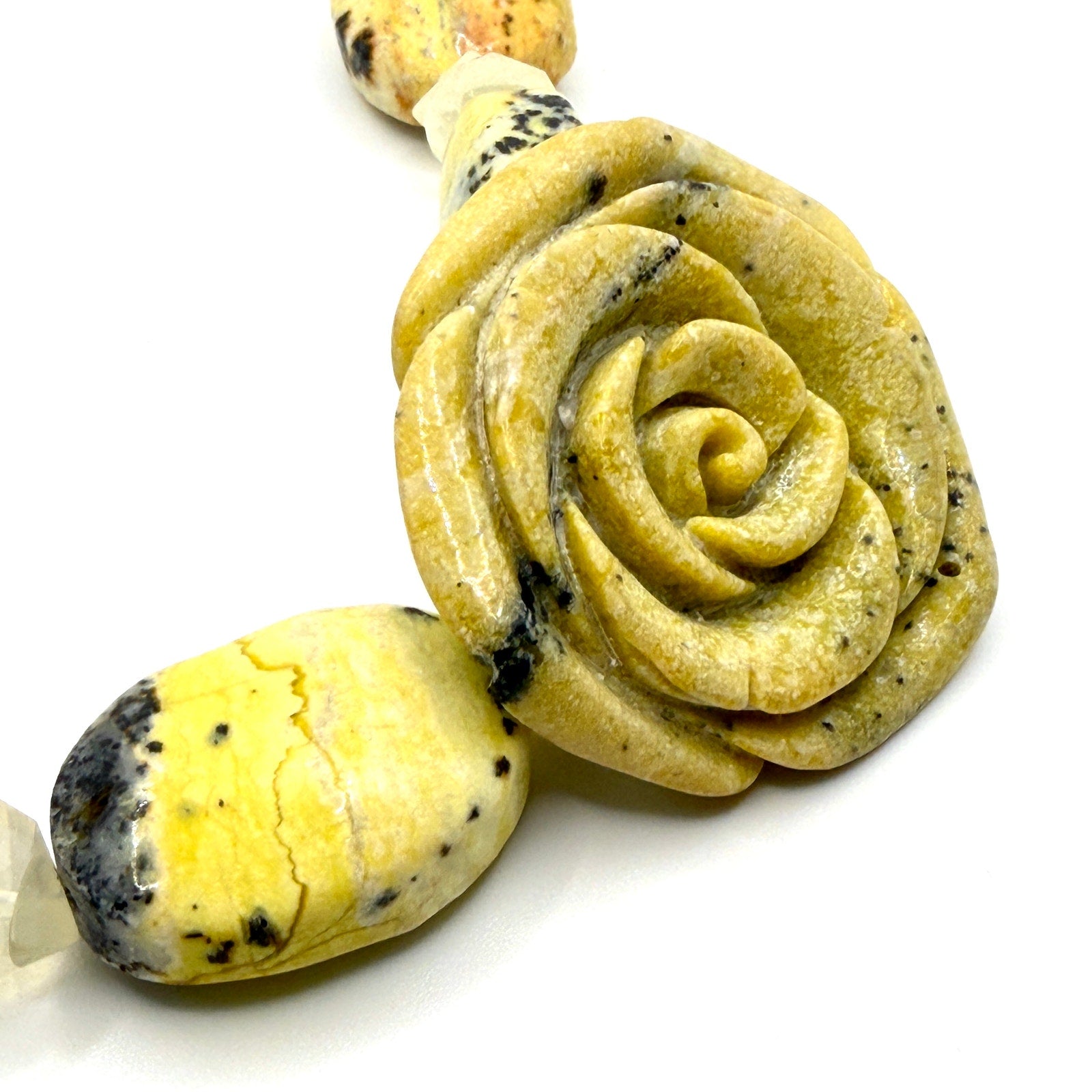 Vintage 90s Yellow Carved Stone Rose Jasper Beaded Boho Chunky Toggle Necklace