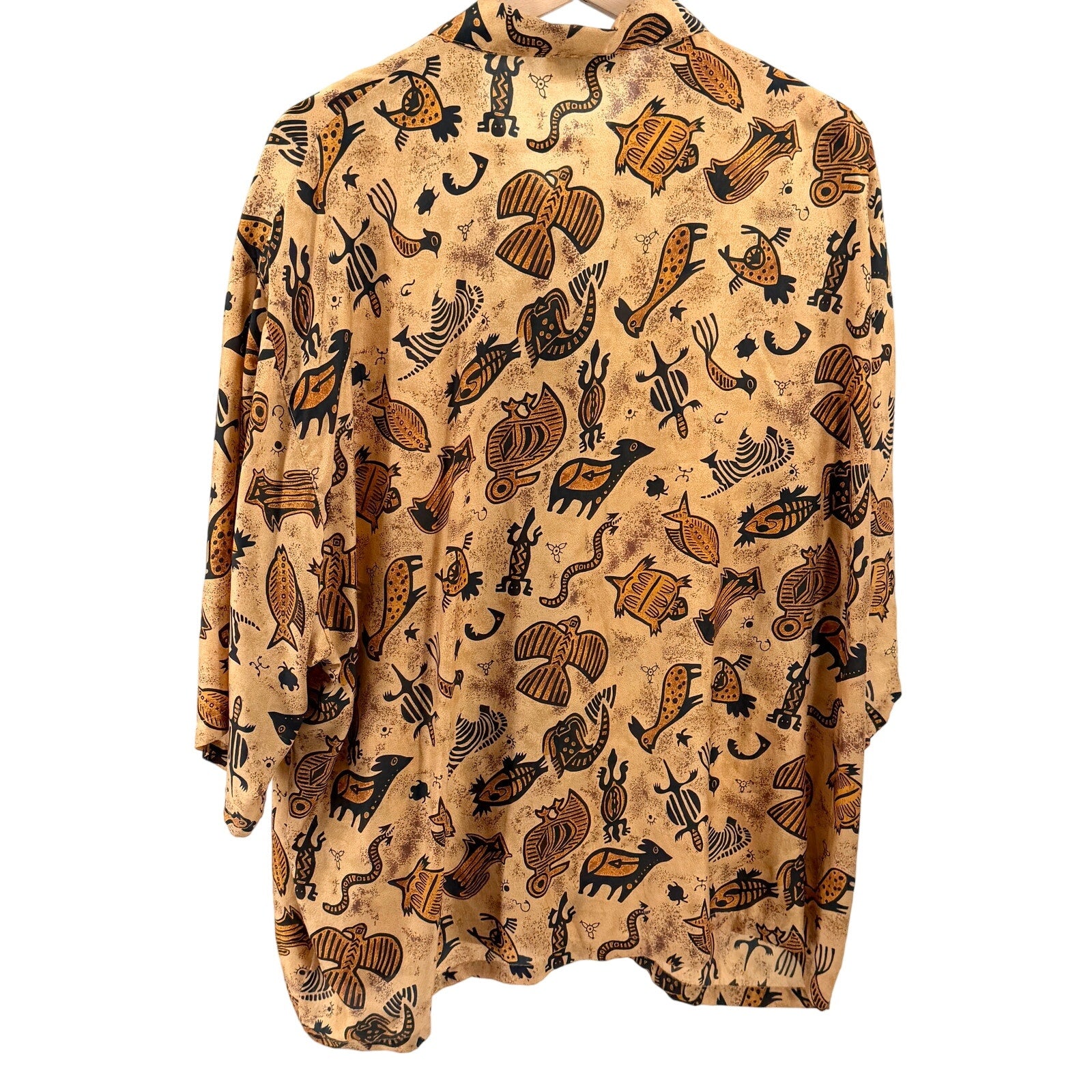 Vintage 90s Lady Bear Tan 100% Silk Southwestern Tribal Shirt