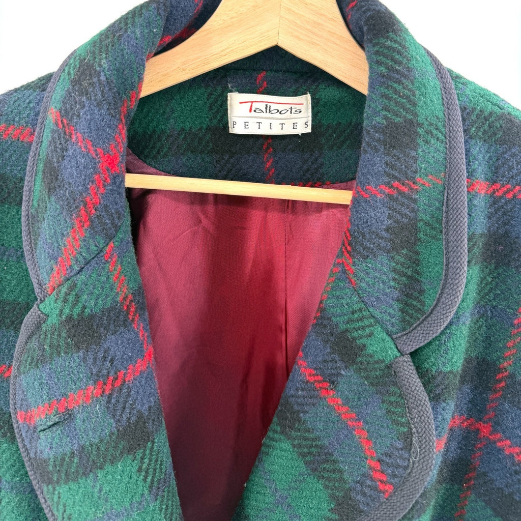 Vintage 90s Talbots Green Blue Tartan Wool Shawl Collar Jacket
