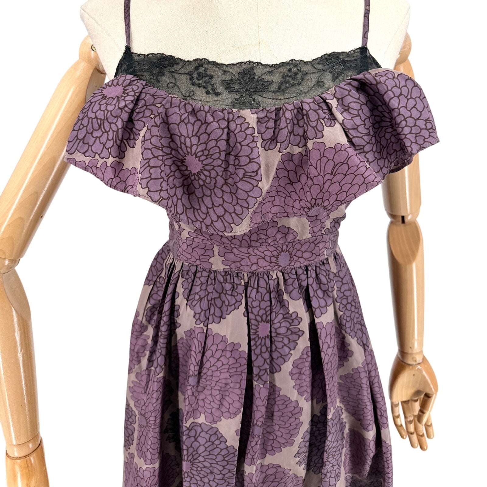 Lil Purple Silk Floral Lace Trim Flounce Cocktail Sundress