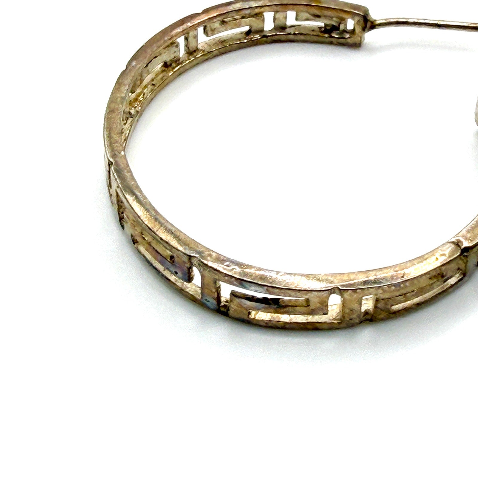Vintage 90s Sterling Silver Greek Key Cutout Open Hoop Earrings