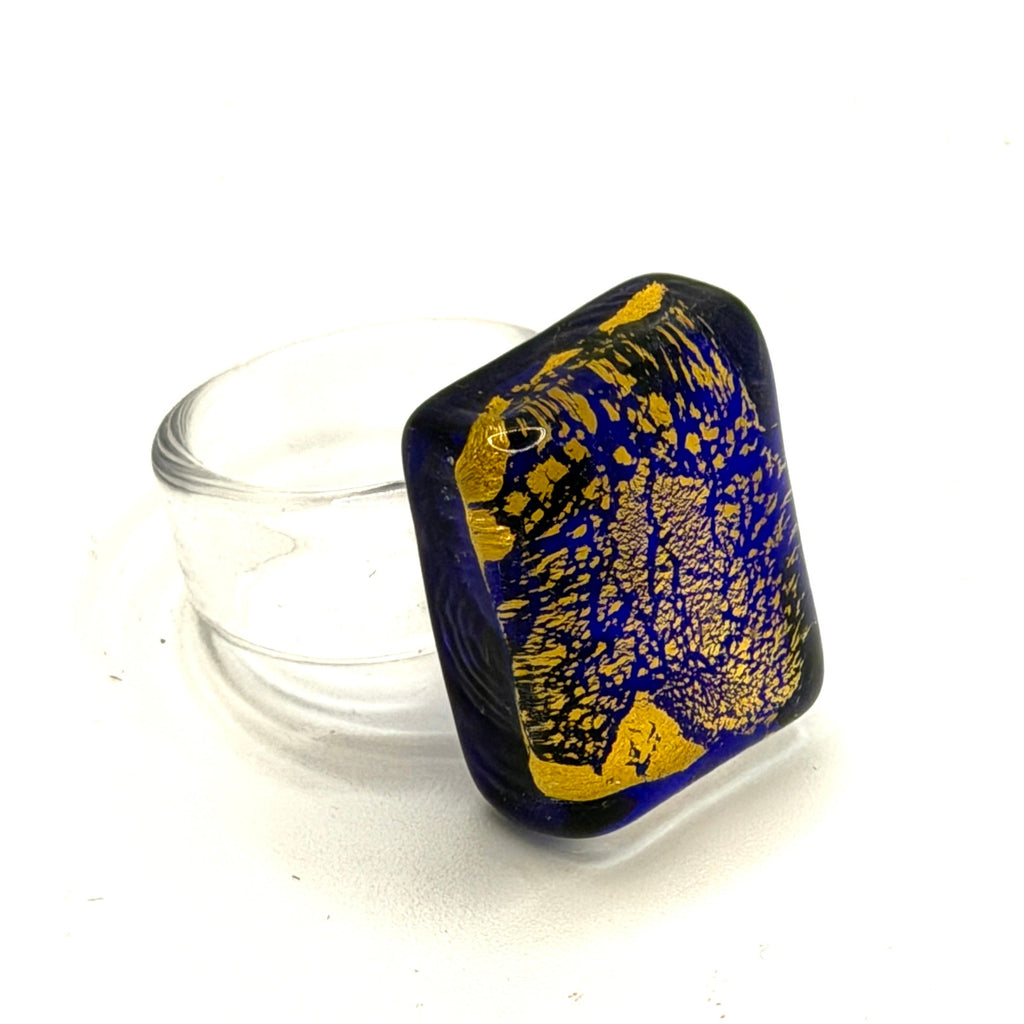 Vintage 90s Handblown Cobalt Blue Gold Foil Abstract Glass Modernist Ring