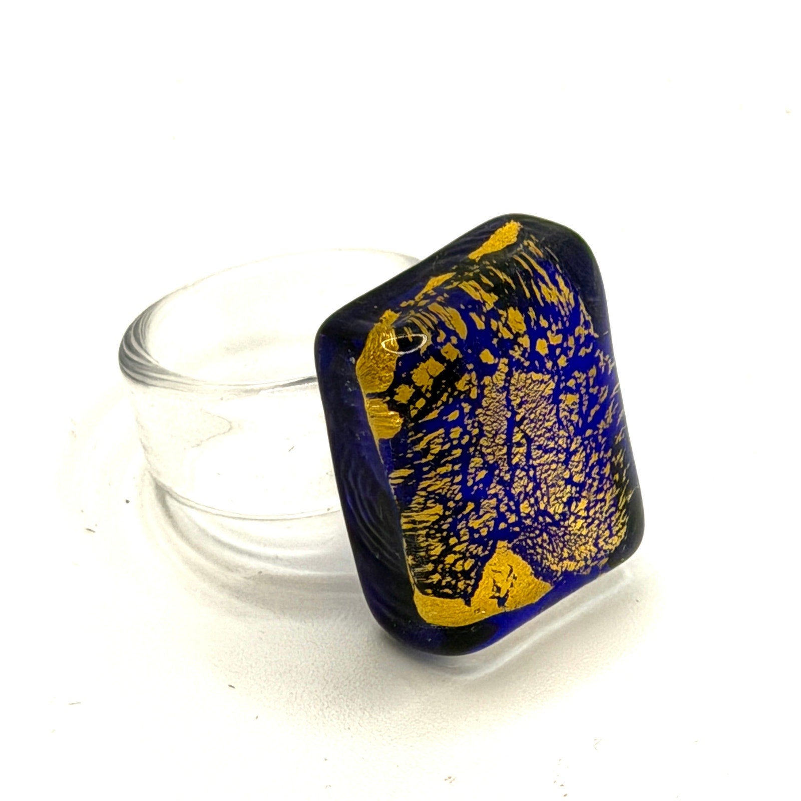 Vintage 90s Handblown Cobalt Blue Gold Foil Abstract Glass Modernist Ring