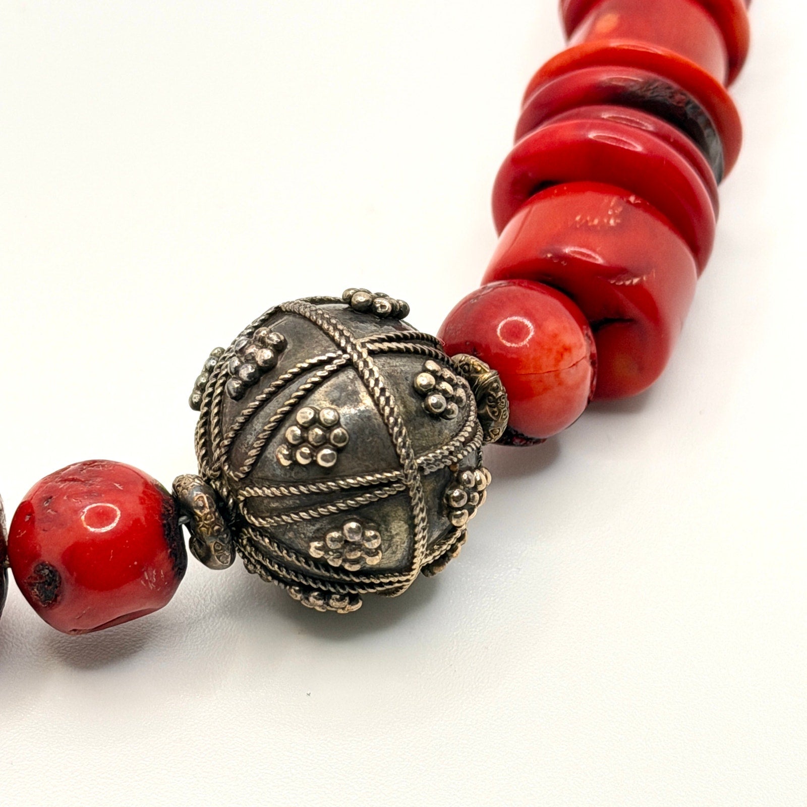Vintage Red Natural Coral Berber Bawsani Filigree Focal Toggle Necklace