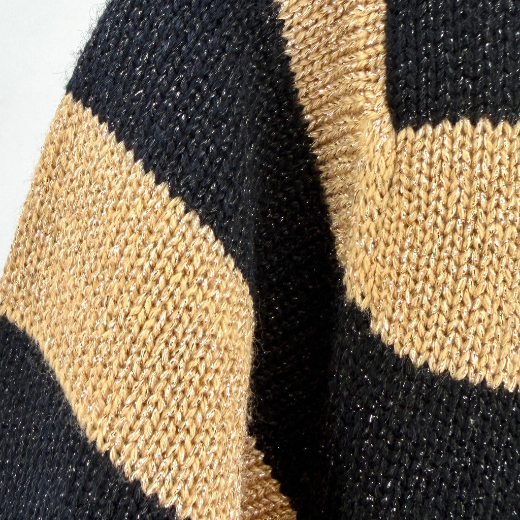 Vintage 80s Clovis Ruffin Black Gold Metallic Striped Boat Neck Knit Sweater