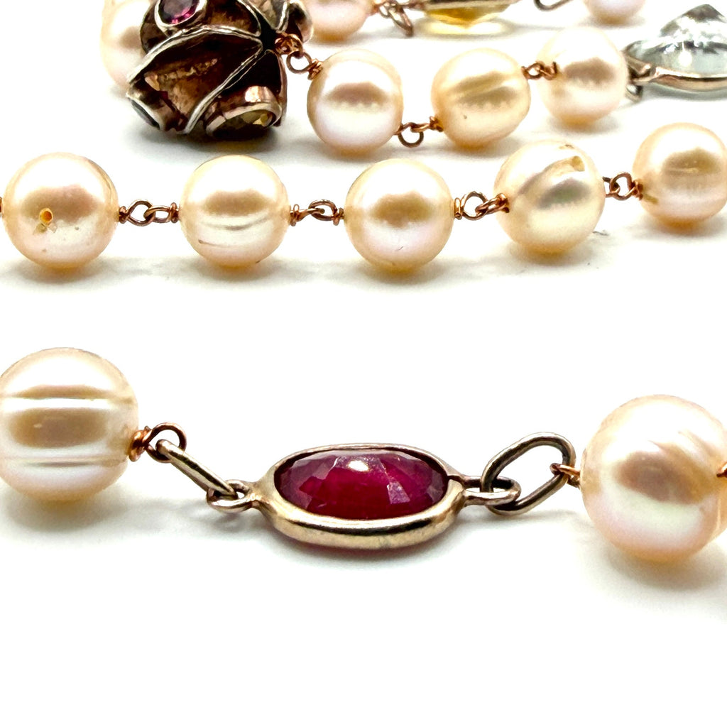 Vintage Y2K Pink Pearl Amethyst Citrine Topaz Wire Wrapped Station Necklace
