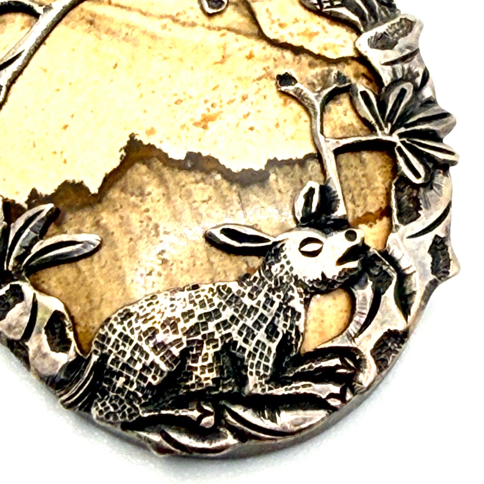Vintage 90s Picture Jasper Rabbit Nature Sterling Silver Pendant