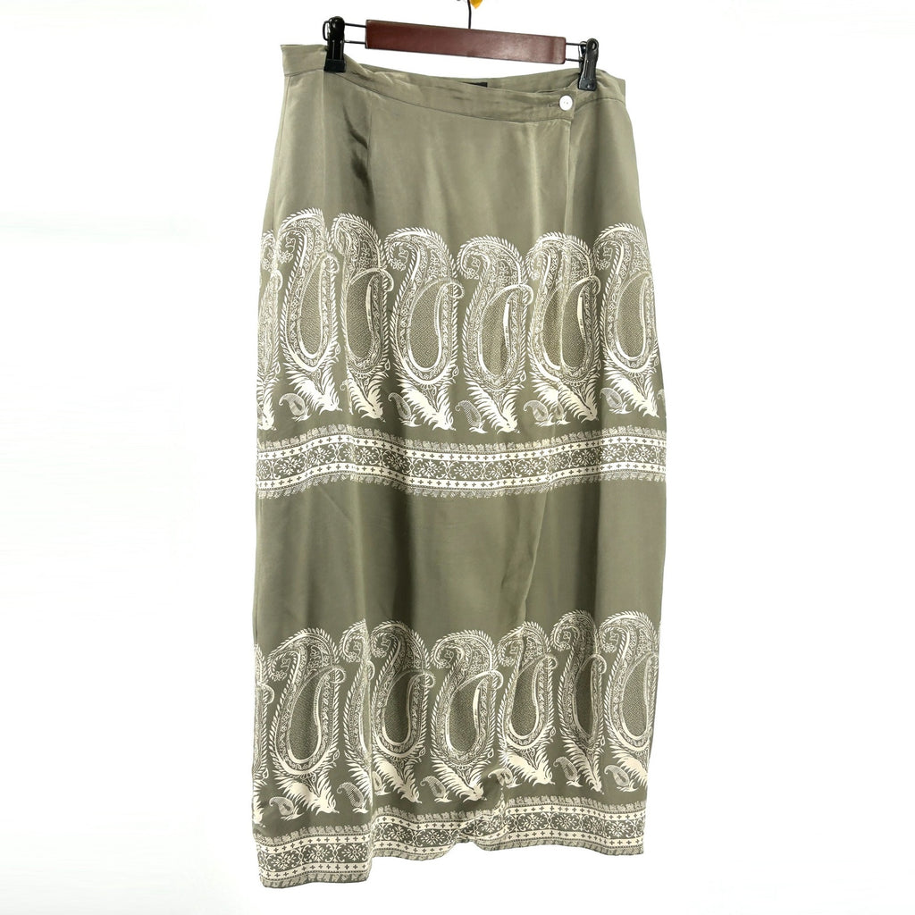 Halston Dusty Sage 100% Silk Paisley Print Fully Lined Maxi Wrap Skirt