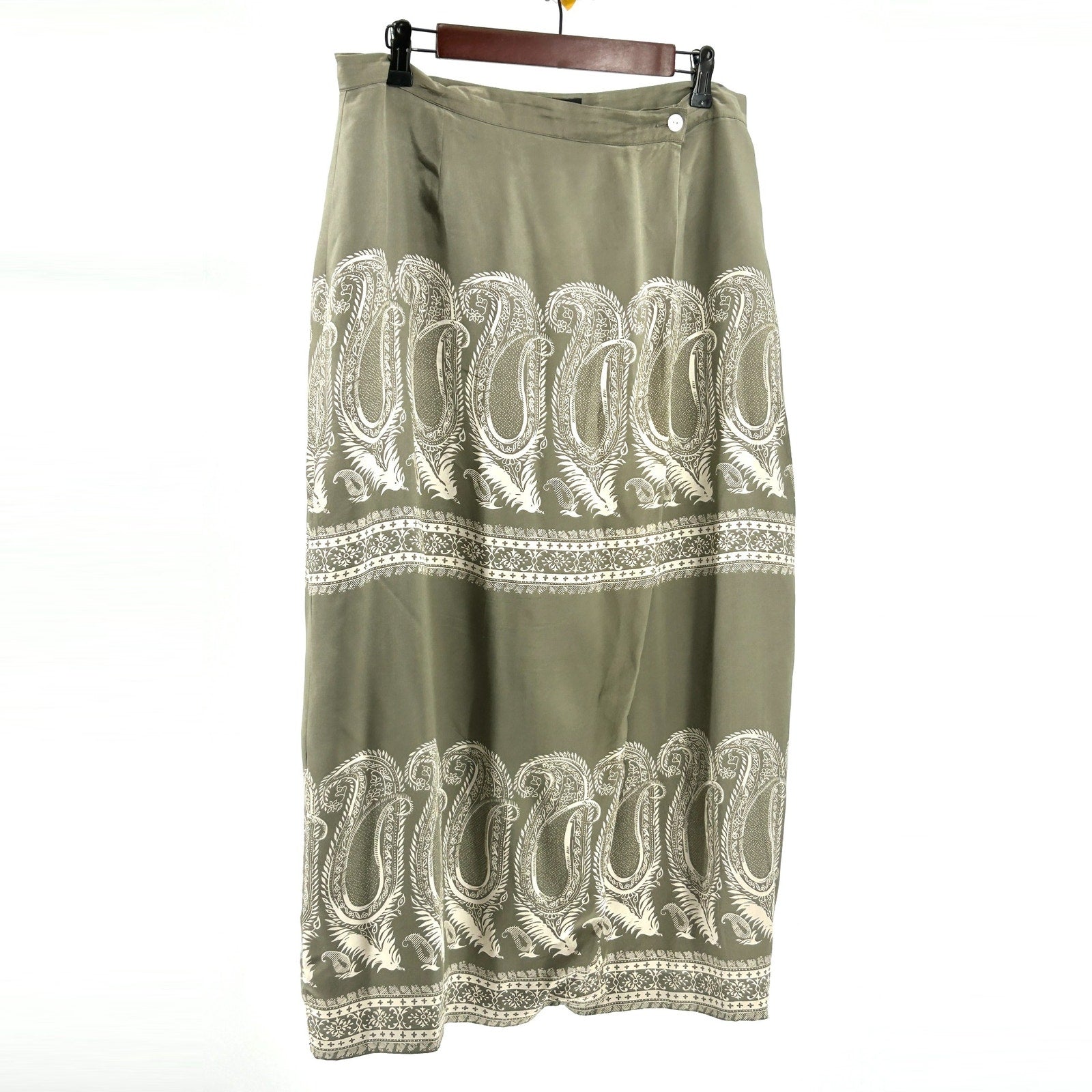 Halston Dusty Sage 100% Silk Paisley Print Fully Lined Maxi Wrap Skirt