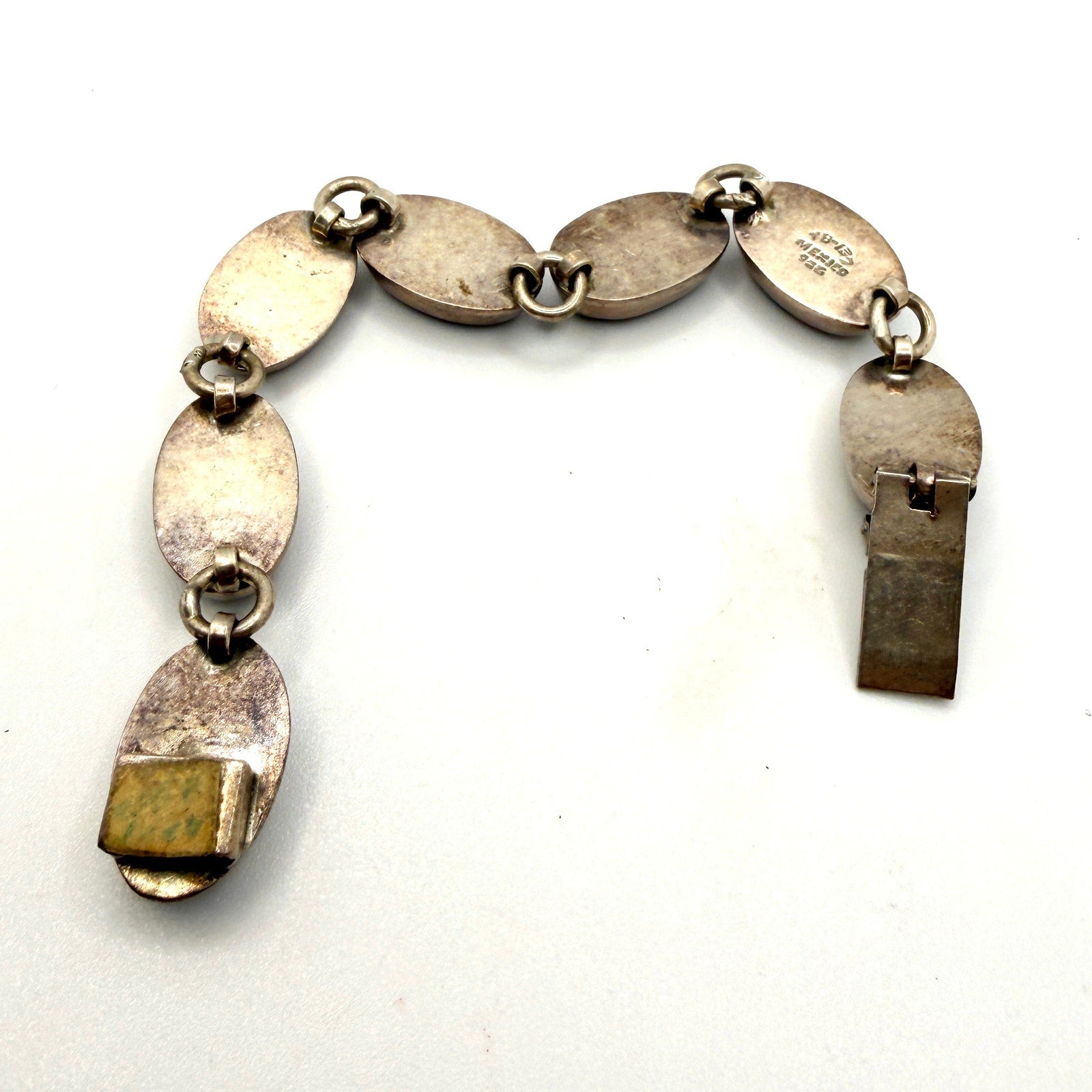 Vintage 90s Mexico Tan Sterling Silver Southwest Stamped Jasper Link Bracelet