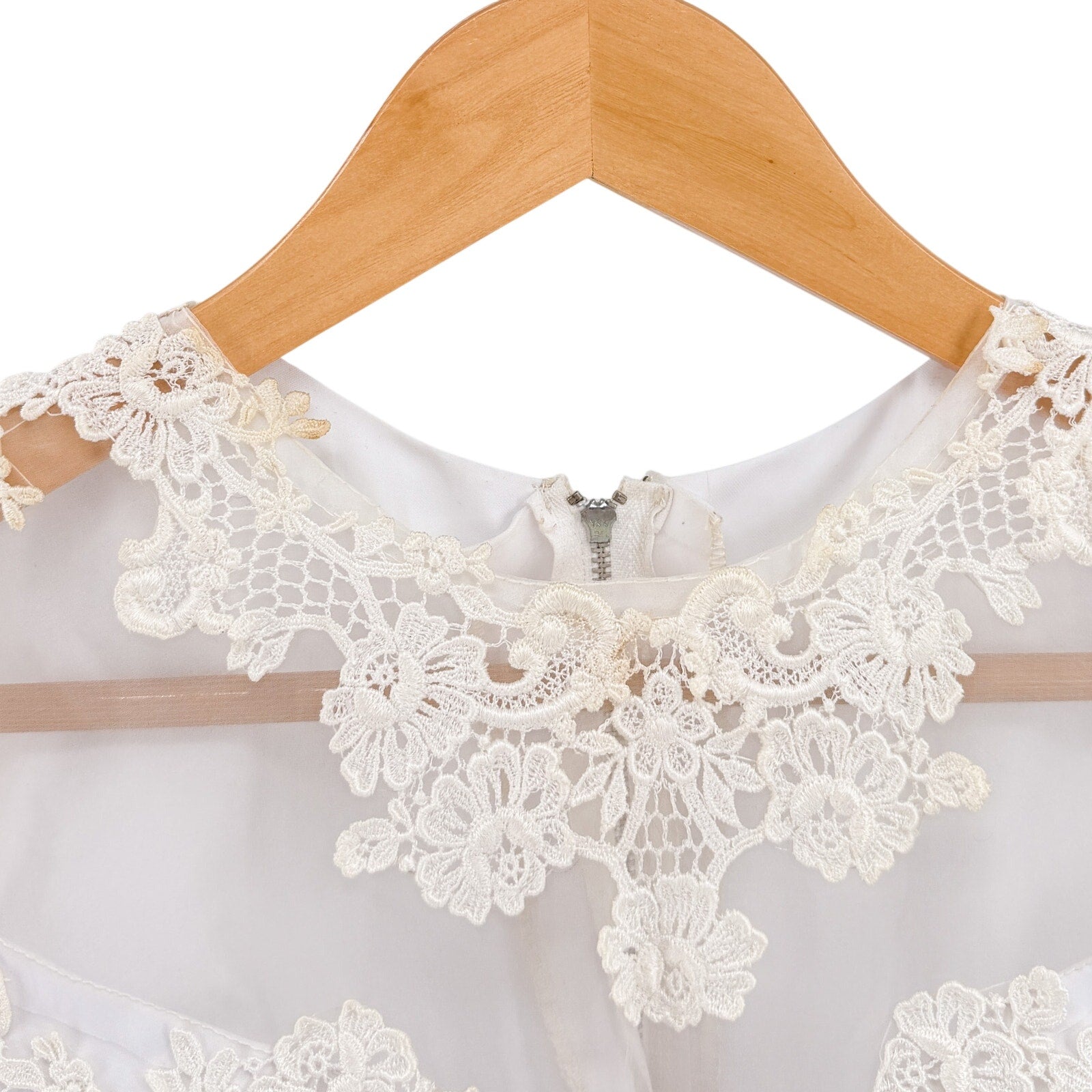 Vintage 70s Handmade White Lace Chiffon Prairie High Neck Wedding Dress Train